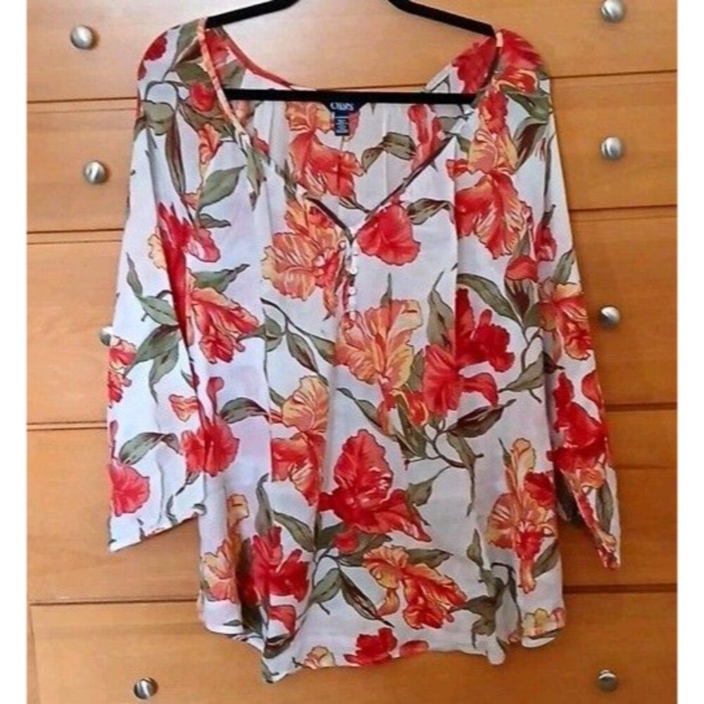 Chaps Womens 3X Floral Knit V-Neck 3/4 Sleeve Pullover Blouse White Multi
